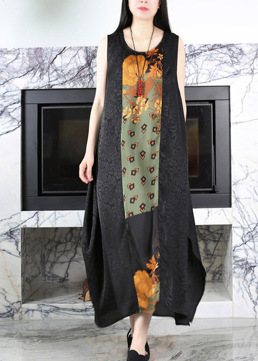 Casual Black O-Neck Print Side Open Silk Maxi Dress Summer LY5132 - fabuloryshop