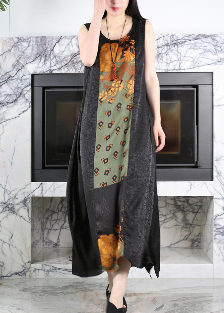 Casual Black O-Neck Print Side Open Silk Maxi Dress Summer LY5132 - fabuloryshop