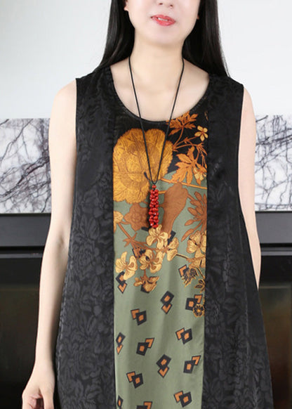 Casual Black O-Neck Print Side Open Silk Maxi Dress Summer LY5132 - fabuloryshop