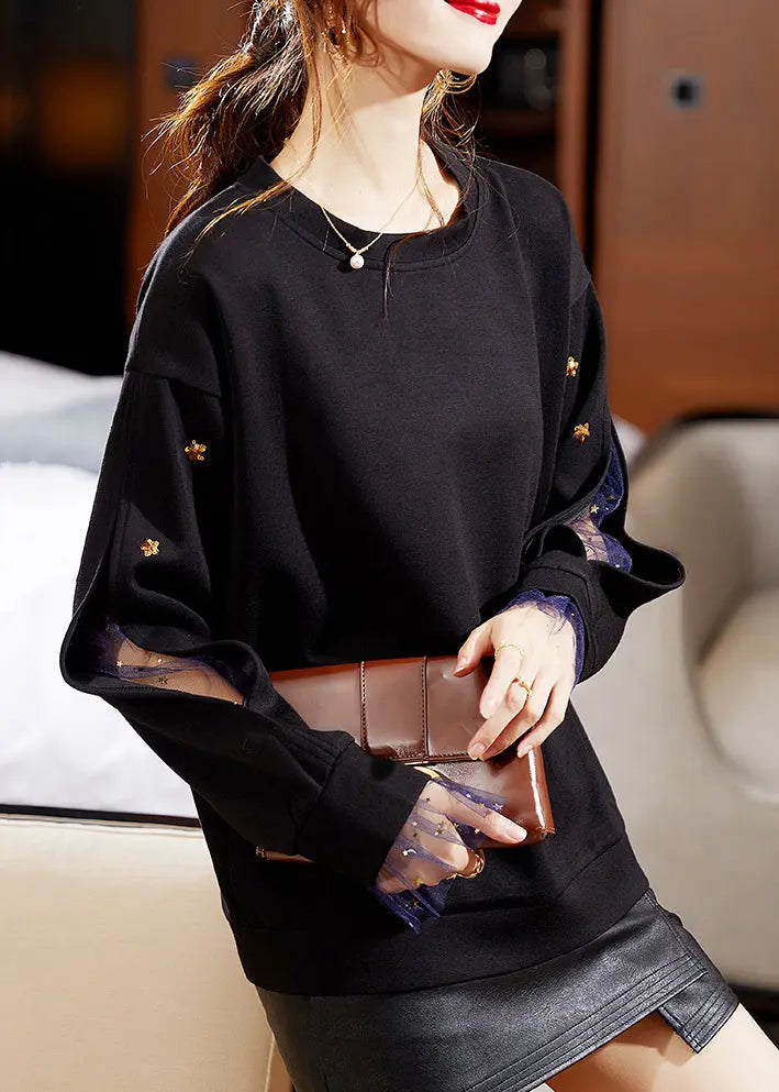 Casual Black O Neck Sequins Patchwork Cotton Sweatshirt Long Sleeve Ada Fashion