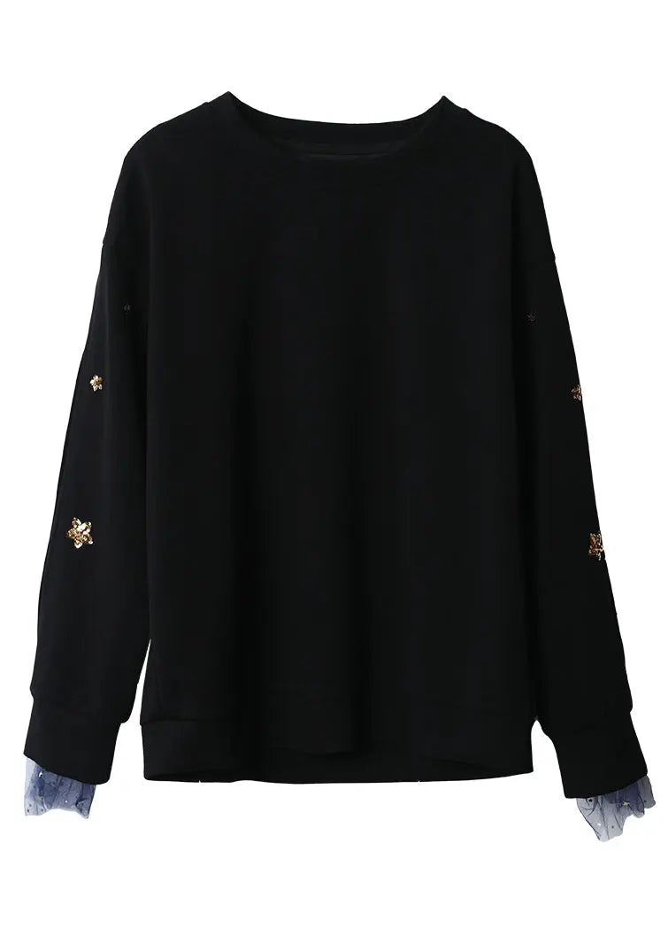 Casual Black O Neck Sequins Patchwork Cotton Sweatshirt Long Sleeve Ada Fashion