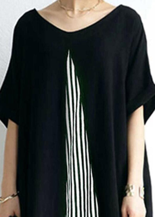 Casual Black O-Neck Striped Patchwork Cozy Maxi Dress Short Sleeve LY1996 - fabuloryshop