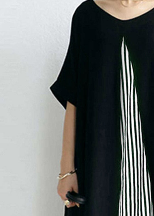 Casual Black O-Neck Striped Patchwork Cozy Maxi Dress Short Sleeve LY1996 - fabuloryshop