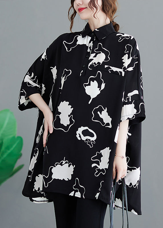 Casual Black Oversized Print Chiffon Long Shirt Half Sleeve LY2372 - fabuloryshop