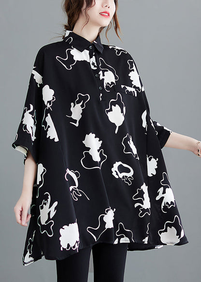 Casual Black Oversized Print Chiffon Long Shirt Half Sleeve LY2372 - fabuloryshop