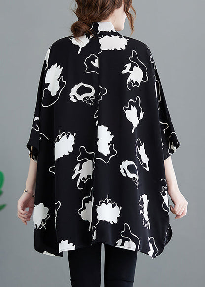 Casual Black Oversized Print Chiffon Long Shirt Half Sleeve LY2372 - fabuloryshop