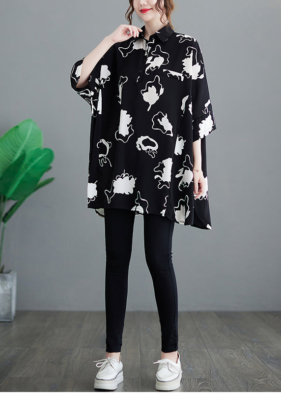 Casual Black Oversized Print Chiffon Long Shirt Half Sleeve LY2372 - fabuloryshop