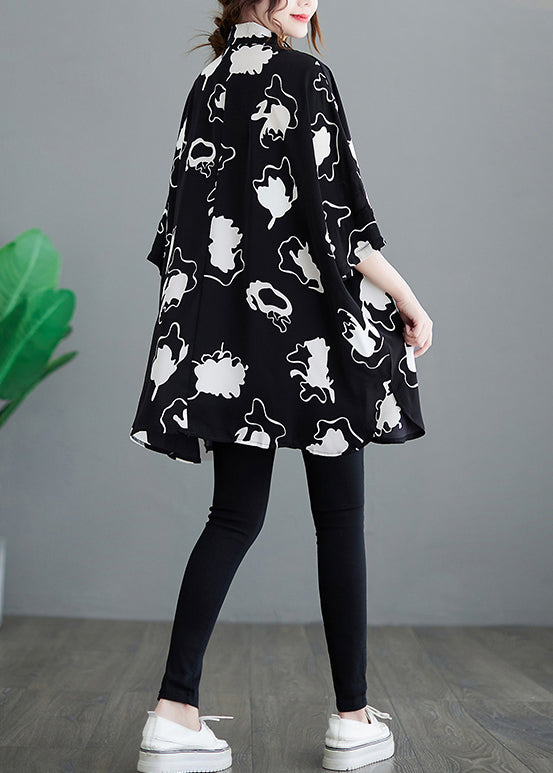 Casual Black Oversized Print Chiffon Long Shirt Half Sleeve LY2372 - fabuloryshop