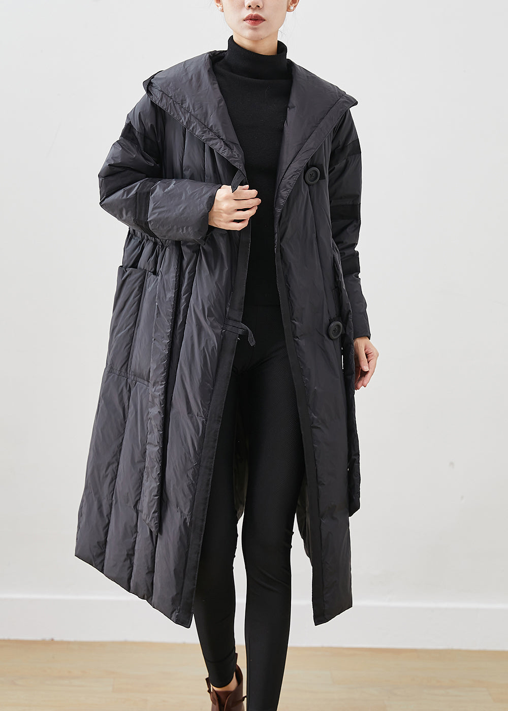 Casual Black Oversized Tie Waist Duck Down Down Coats Winter Ada Fashion