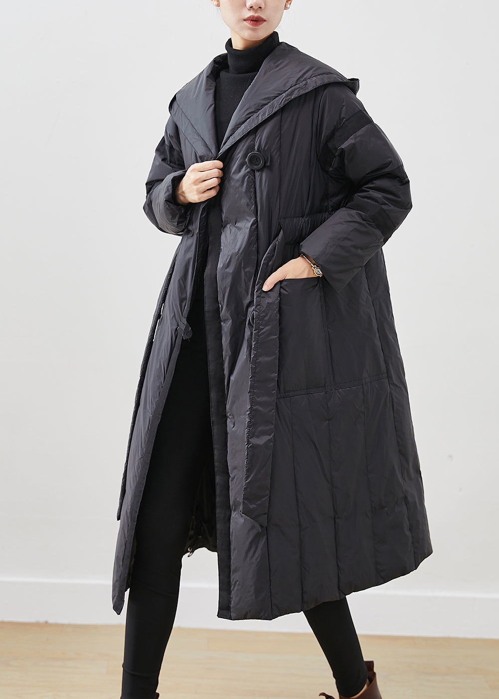 Casual Black Oversized Tie Waist Duck Down Down Coats Winter Ada Fashion