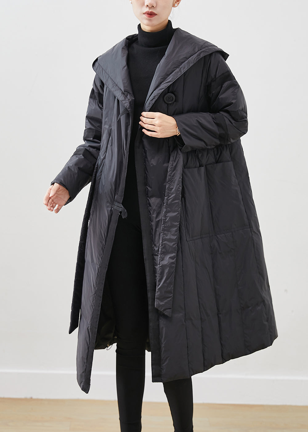 Casual Black Oversized Tie Waist Duck Down Down Coats Winter Ada Fashion