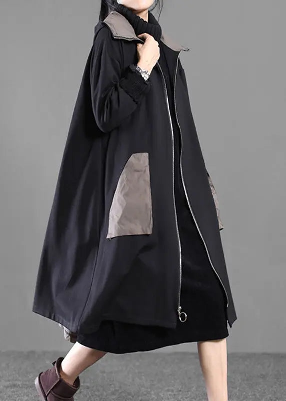 Casual Black Patchwork Zippered Long Hoodie Trench Coat Long Sleeve Ada Fashion