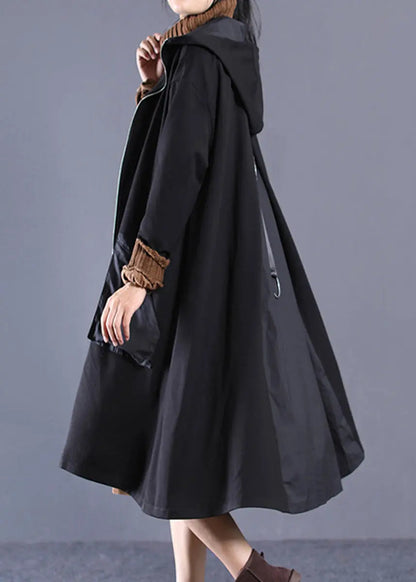 Casual Black Patchwork Zippered Long Hoodie Trench Coat Long Sleeve Ada Fashion