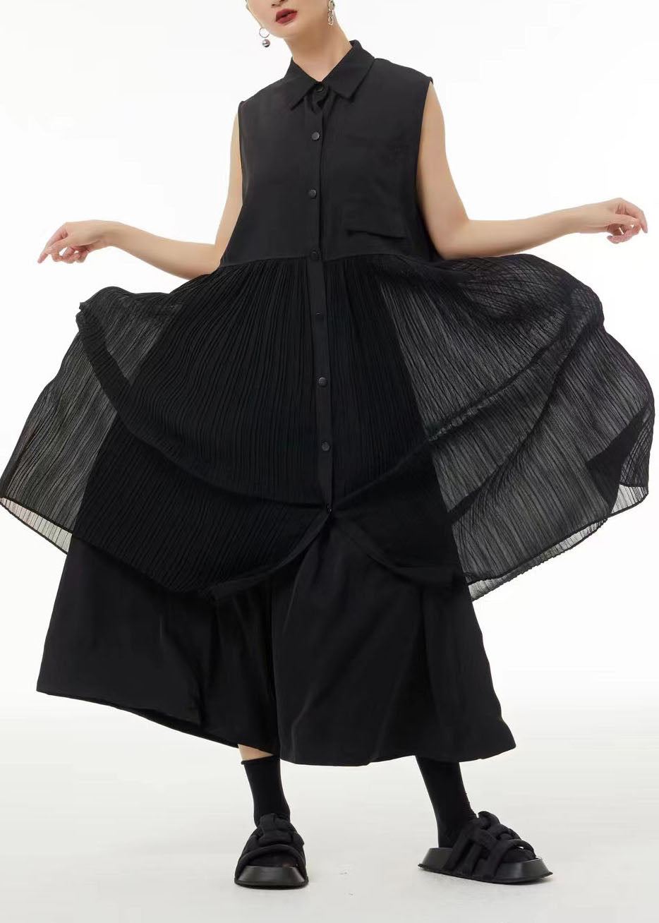 Casual Black Peter Pan Collar Patchwork Chiffon Pleated Dress Sleeveless TS1074 - fabuloryshop