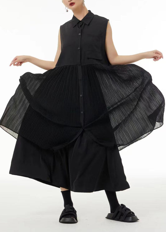 Casual Black Peter Pan Collar Patchwork Chiffon Pleated Dress Sleeveless LC0123 - fabuloryshop