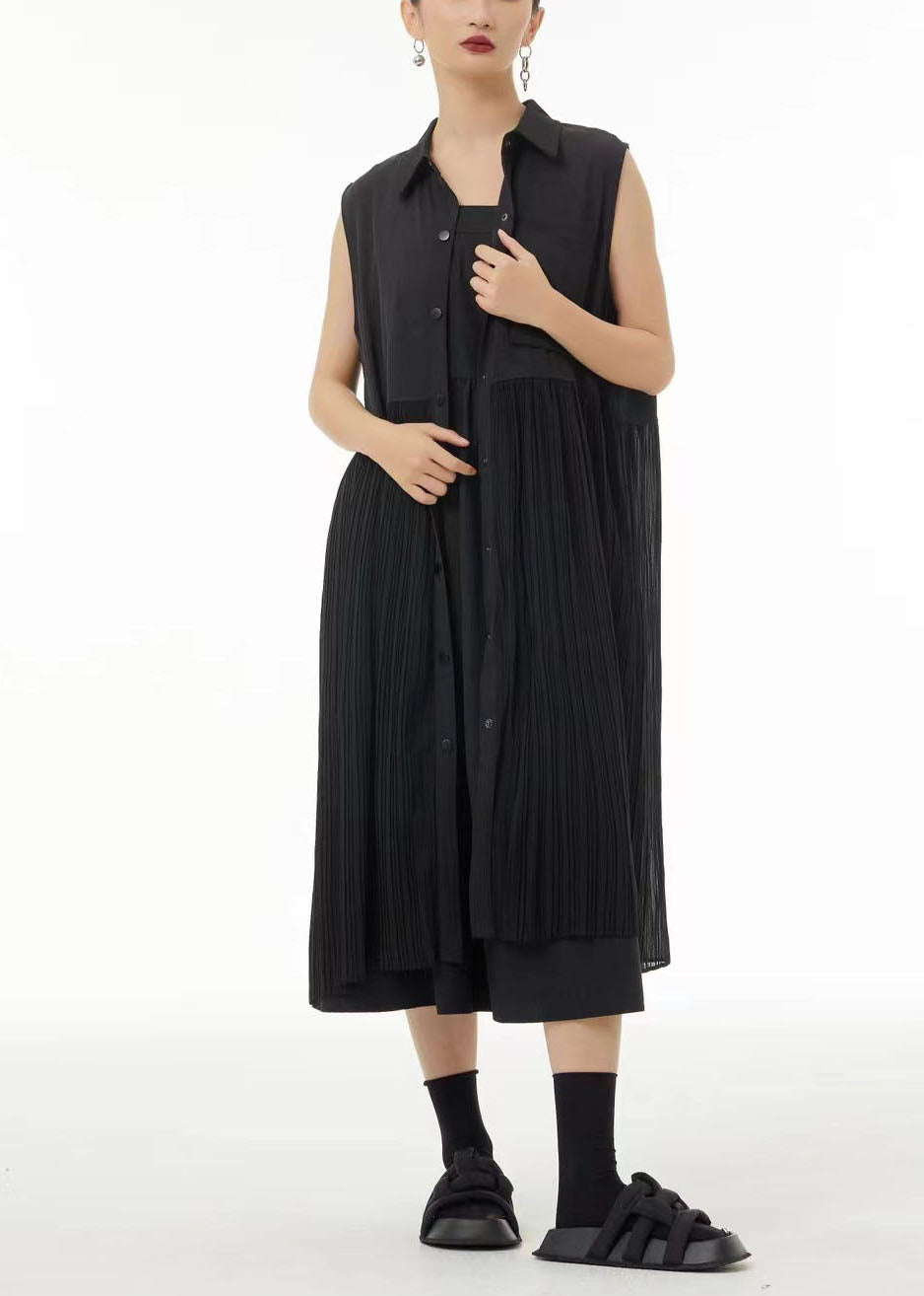 Casual Black Peter Pan Collar Patchwork Chiffon Pleated Dress Sleeveless TS1074 - fabuloryshop