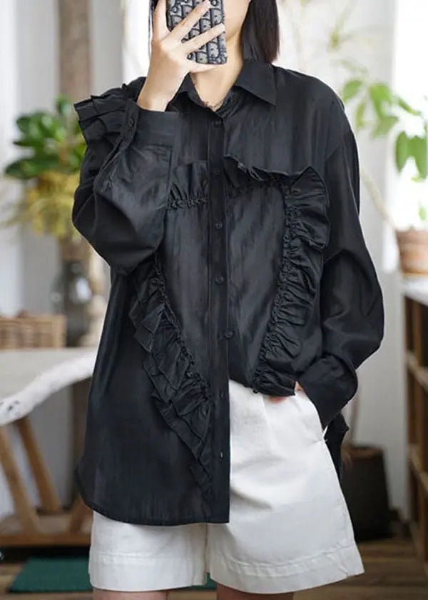 Casual Black Peter Pan Collar Ruffled Patchwork Cotton Shirt Tops Fall Ada Fashion