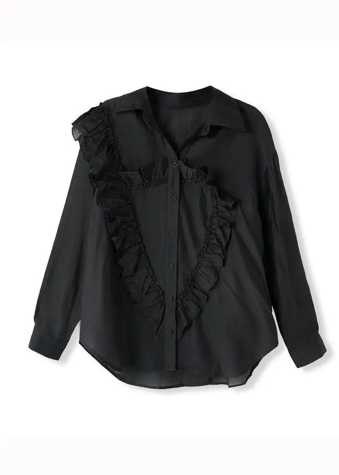 Casual Black Peter Pan Collar Ruffled Patchwork Cotton Shirt Tops Fall Ada Fashion