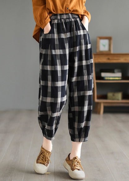 Casual Black Plaid High Waist Linen Crop Pants LY4581 - fabuloryshop