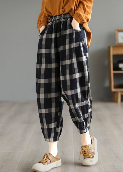 Casual Black Plaid High Waist Linen Crop Pants LY4581 - fabuloryshop