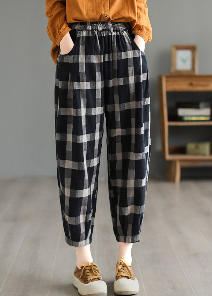 Casual Black Plaid High Waist Linen Crop Pants LY4581 - fabuloryshop