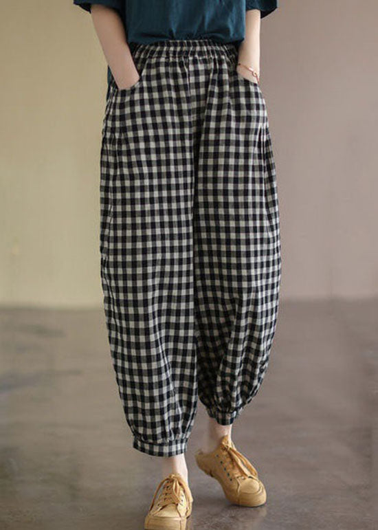 Casual Black Plaid Pockets Patchwork Cotton Lantern  Pants Summer LY4557 - fabuloryshop