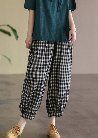 Casual Black Plaid Pockets Patchwork Cotton Lantern  Pants Summer LY4557 - fabuloryshop