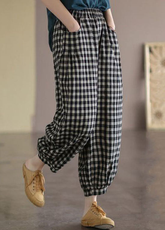 Casual Black Plaid Pockets Patchwork Cotton Lantern  Pants Summer LY4557 - fabuloryshop