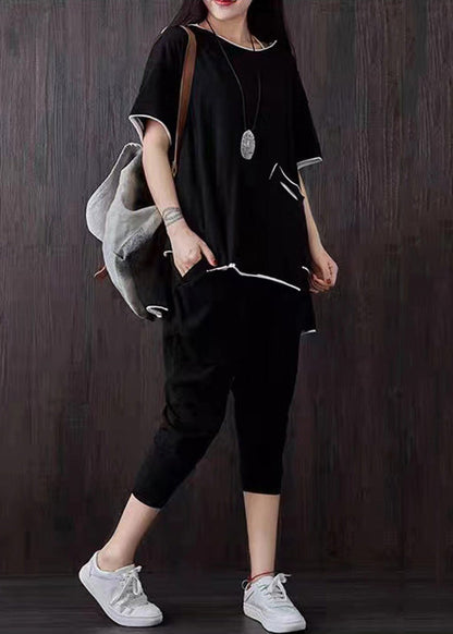 Casual Black Pockets Patchwork Tops And Pants Cotton Two Piece Suit Set Summer Ada Fashion