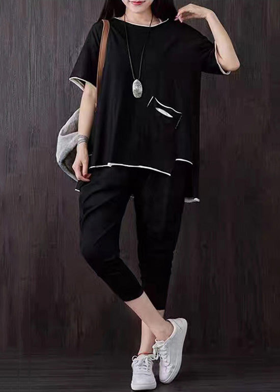 Casual Black Pockets Patchwork Tops And Pants Cotton Two Piece Suit Set Summer Ada Fashion