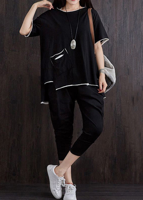 Casual Black Pockets Patchwork Tops And Pants Cotton Two Piece Suit Set Summer Ada Fashion