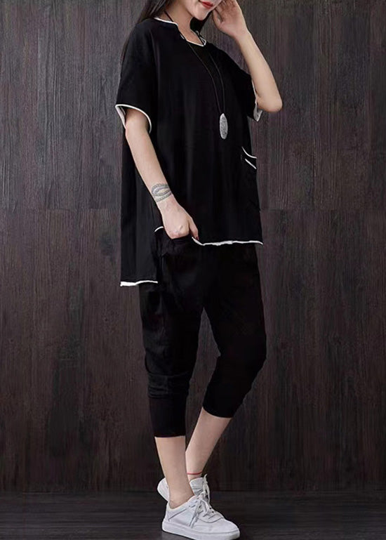 Casual Black Pockets Patchwork Tops And Pants Cotton Two Piece Suit Set Summer Ada Fashion