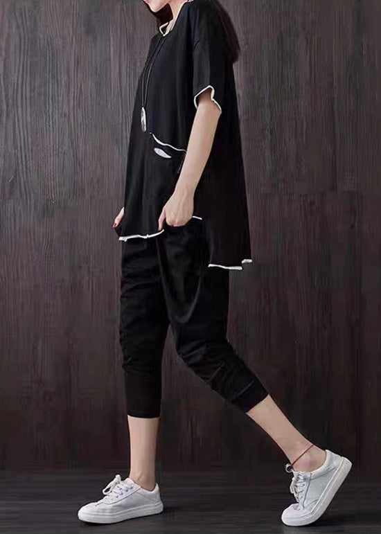 Casual Black Pockets Patchwork Tops And Pants Cotton Two Piece Suit Set Summer Ada Fashion