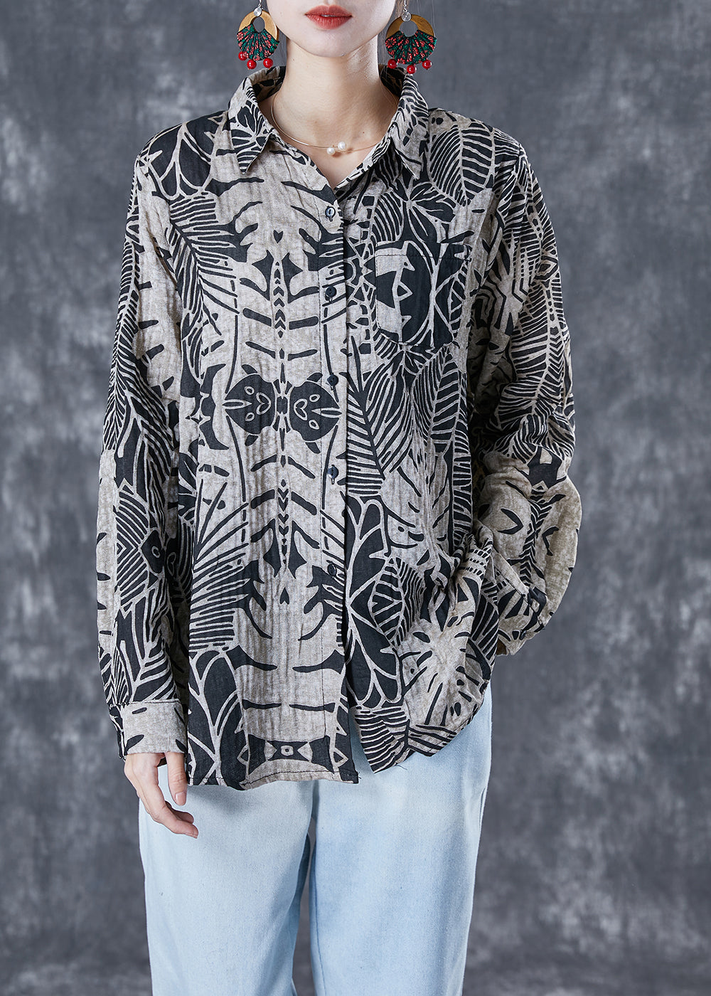 Casual Black Print Oversized Linen Shirt Summer LY5099 - fabuloryshop