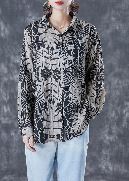 Casual Black Print Oversized Linen Shirt Summer LY5099 - fabuloryshop