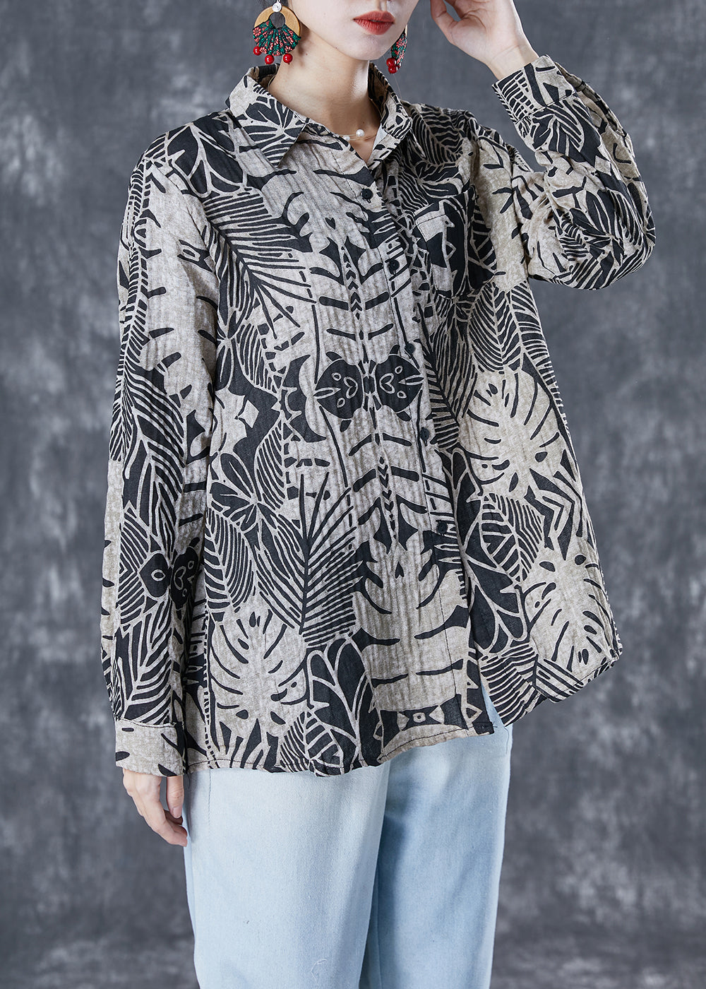 Casual Black Print Oversized Linen Shirt Summer TA1051 - fabuloryshop