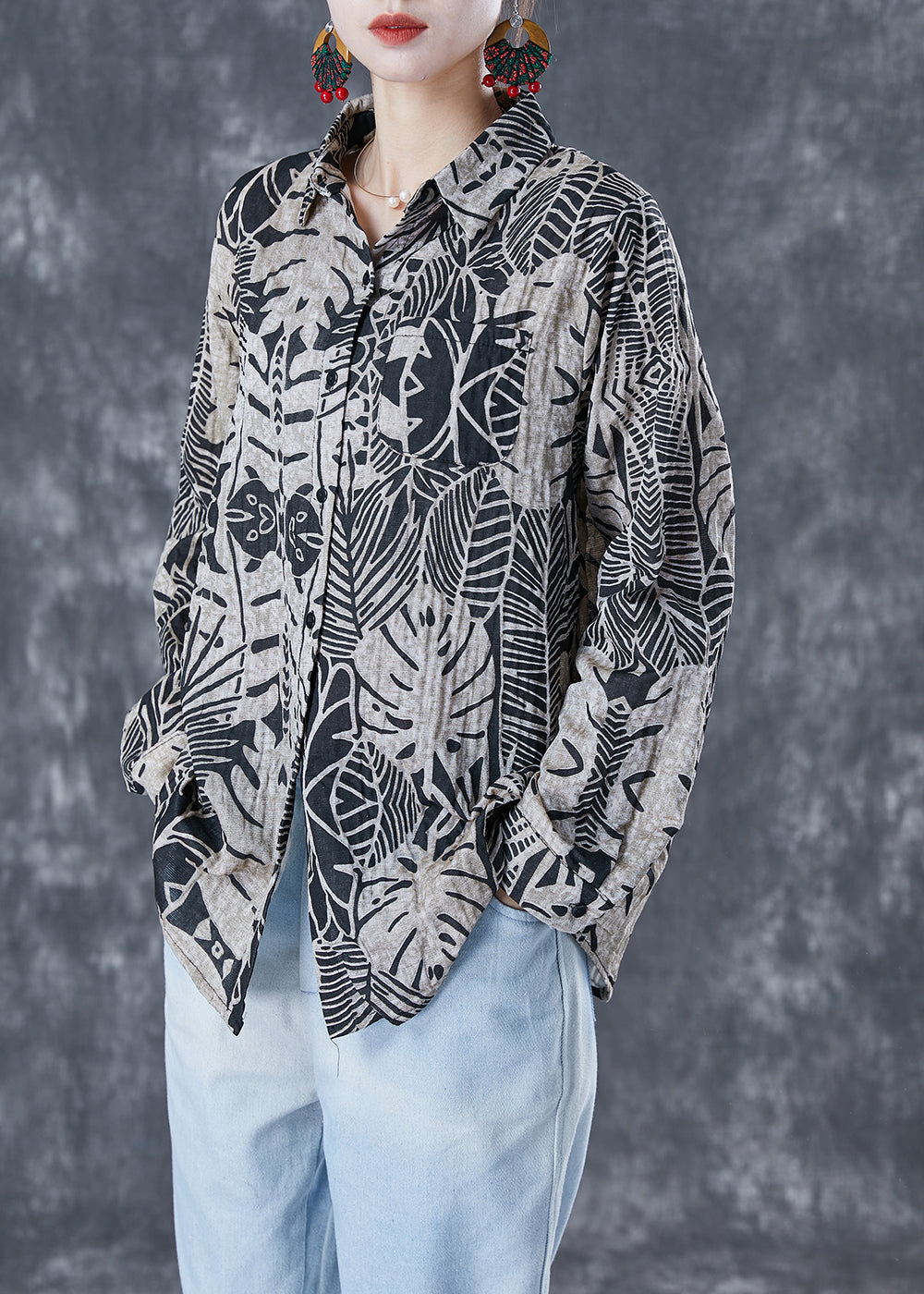 Casual Black Print Oversized Linen Shirt Summer LY5099 - fabuloryshop