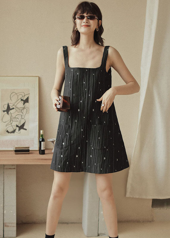 Casual Black Print Pockets Cotton Strap Dress Sleeveless Ada Fashion