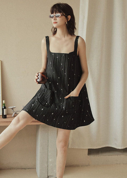 Casual Black Print Pockets Cotton Strap Dress Sleeveless Ada Fashion