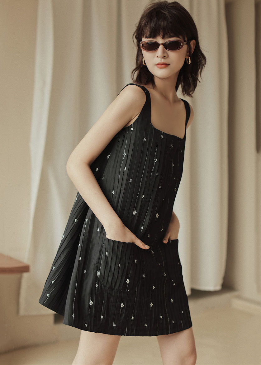 Casual Black Print Pockets Cotton Strap Dress Sleeveless Ada Fashion