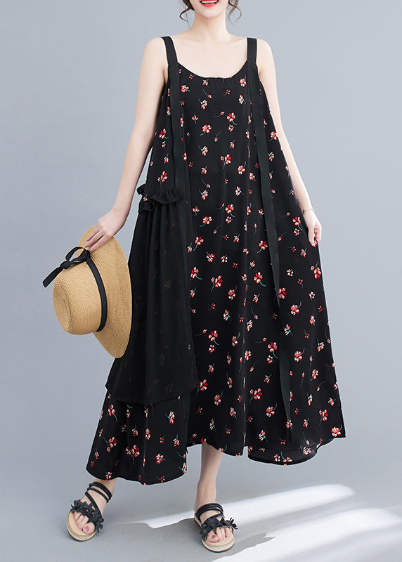 Casual Black Ruffled Patchwork Print Chiffon Strap Dress Summer LY4892 - fabuloryshop