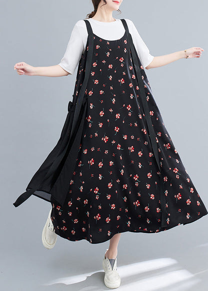 Casual Black Ruffled Patchwork Print Chiffon Strap Dress Summer LY4892 - fabuloryshop