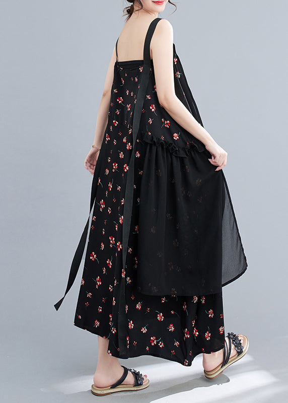 Casual Black Ruffled Patchwork Print Chiffon Strap Dress Summer LY4892 - fabuloryshop