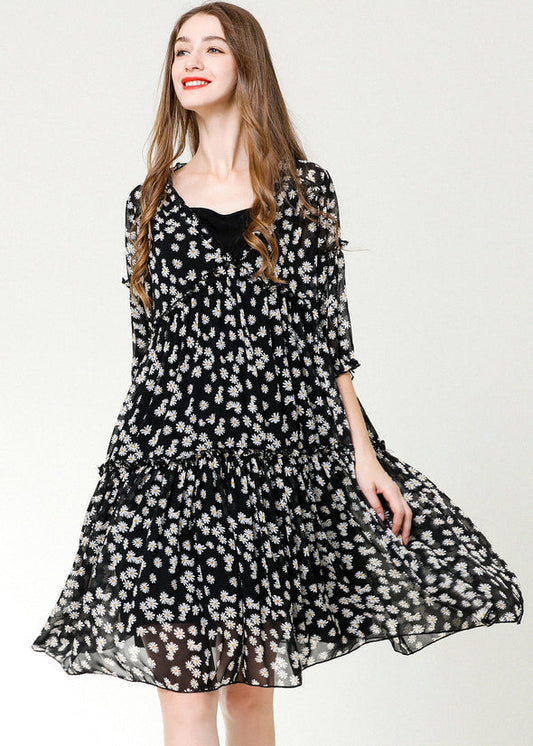 Casual Black Ruffled Print Chiffon Beach Dresses Bracelet Sleeve LY0337 - fabuloryshop