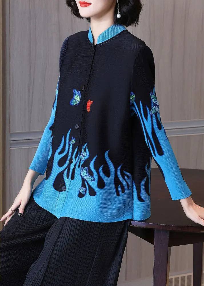 Casual Black Stand Collar Print Button Shirt Long Sleeve Ada Fashion