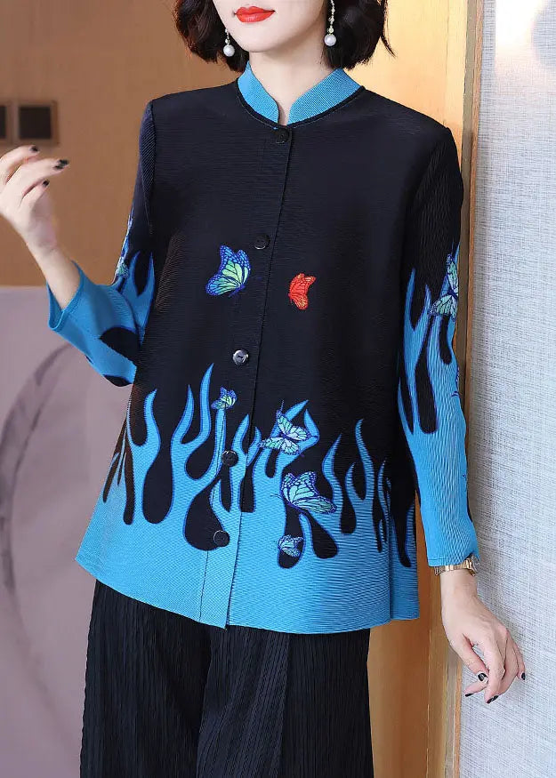 Casual Black Stand Collar Print Button Shirt Long Sleeve Ada Fashion