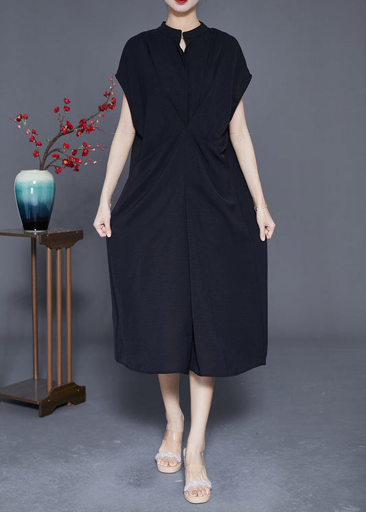 Casual Black Stand Collar Wrinkled Spandex Long Dresses Summer LY3654