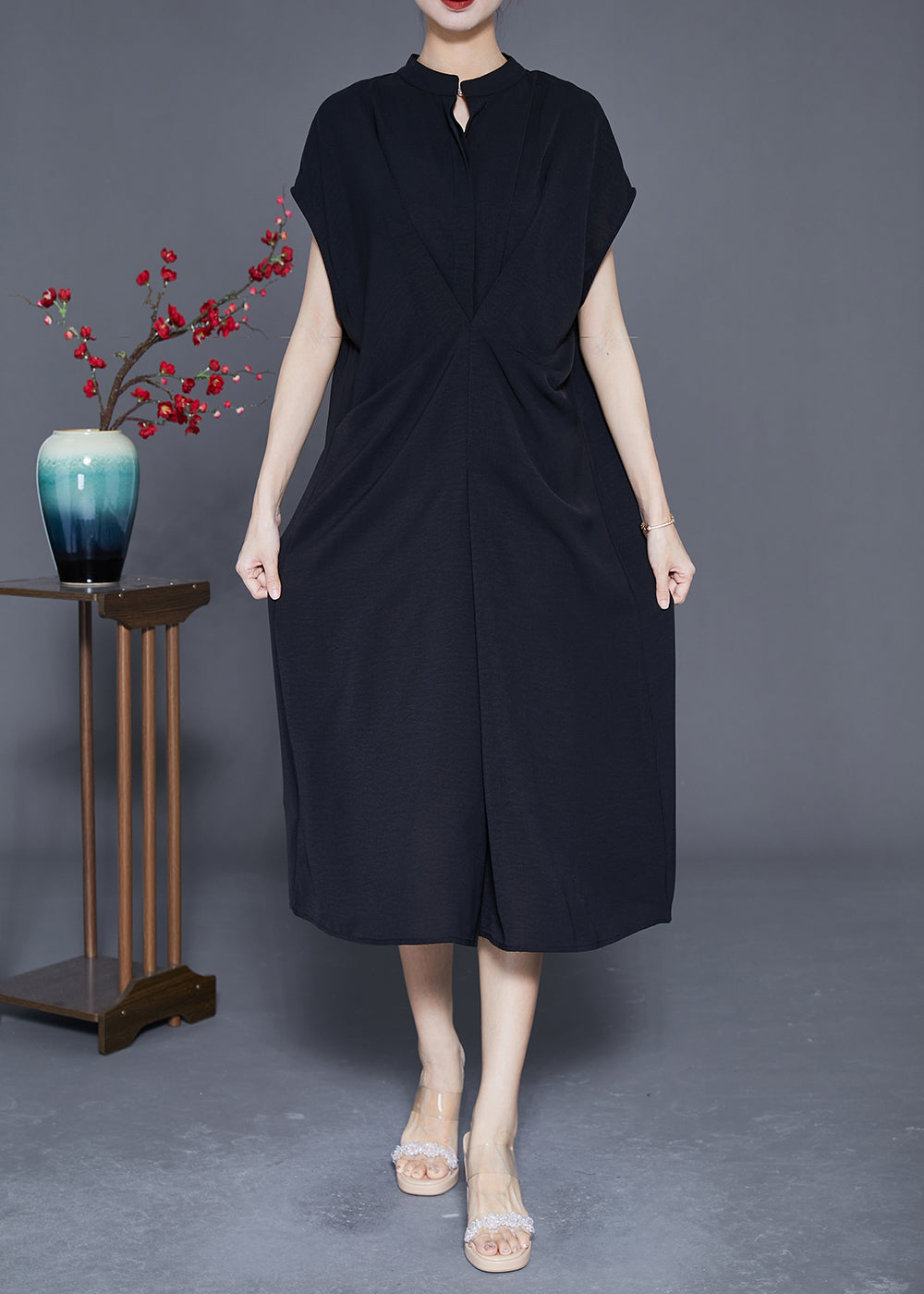 Casual Black Stand Collar Wrinkled Spandex Long Dresses Summer LY3654 - fabuloryshop