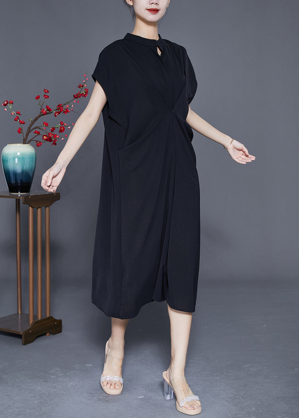 Casual Black Stand Collar Wrinkled Spandex Long Dresses Summer LY3654 - fabuloryshop