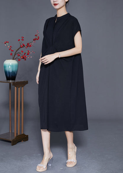 Casual Black Stand Collar Wrinkled Spandex Long Dresses Summer LY3654 - fabuloryshop